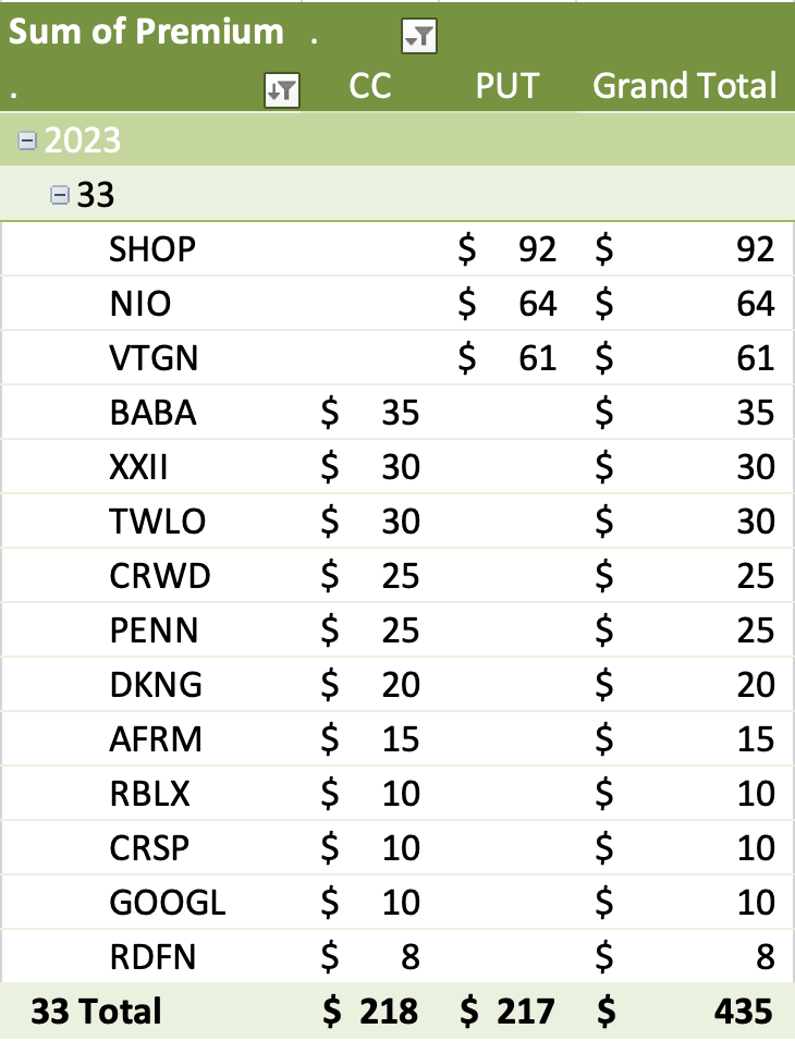 Week 33 covered calls, puts, and totals